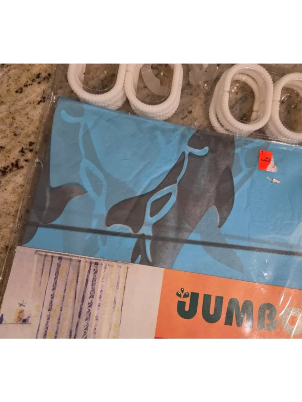 New! Lot of 2 Dolphin Shower Curtains w Hooks Blue Plastic Jumbo 72x72